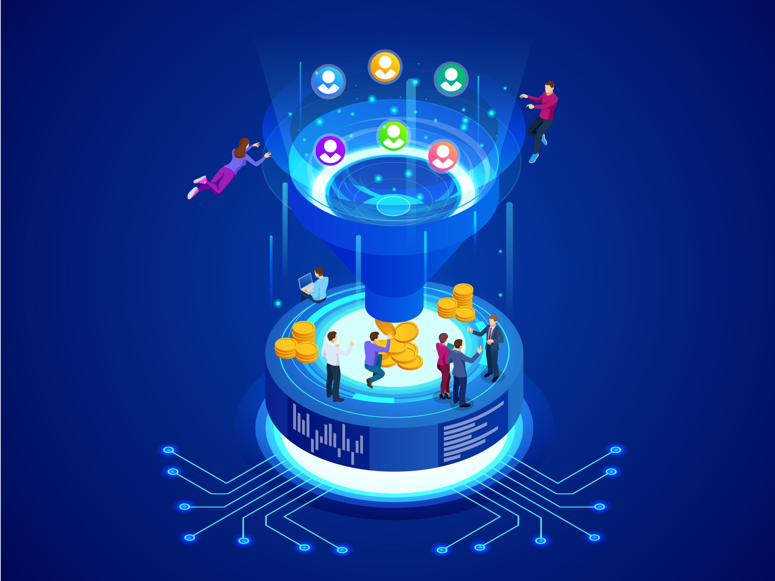 Isometric online funnel generation sales, customer generation, digital marketing and e-business technology concept. Landing page template for web. Internet marketing vector illustration.