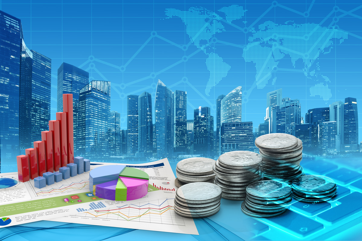 coins and graphs in a blue cityscape background, 3d illustration